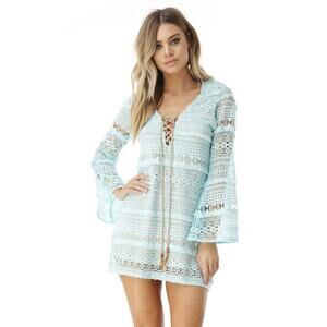 Sky Clothing Brand XS Mini Dress Baby Blue Lace Nude Lining Long Sleeve Bell